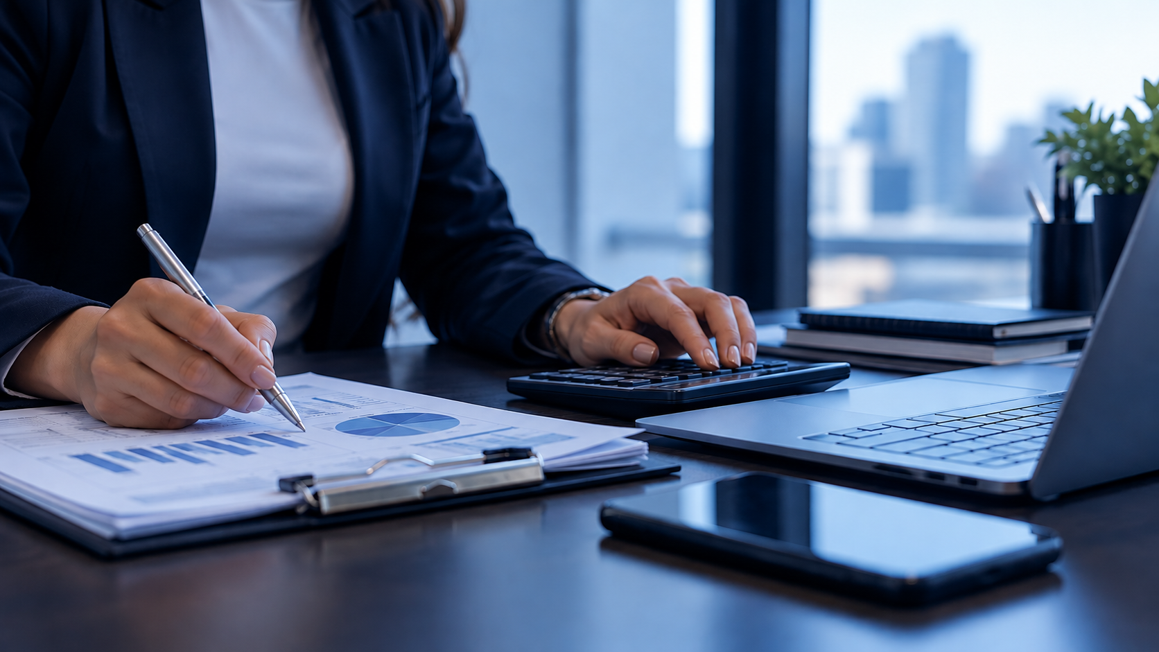 Profesional revisando cifras y trabajando con herramientas contables